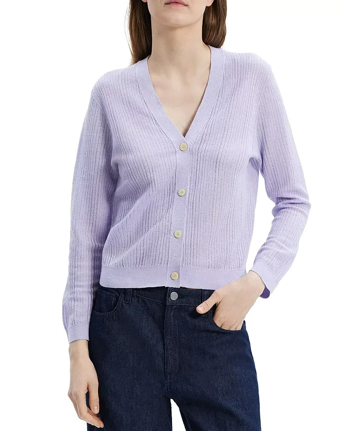 Theory Cropped Cardigan Women's S Soft Iris V-Neck Linen Blend Button Front L/S