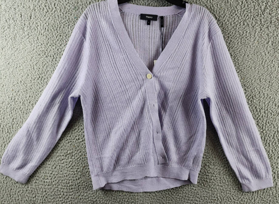 Theory Cropped Cardigan Women's S Soft Iris V-Neck Linen Blend Button Front L/S