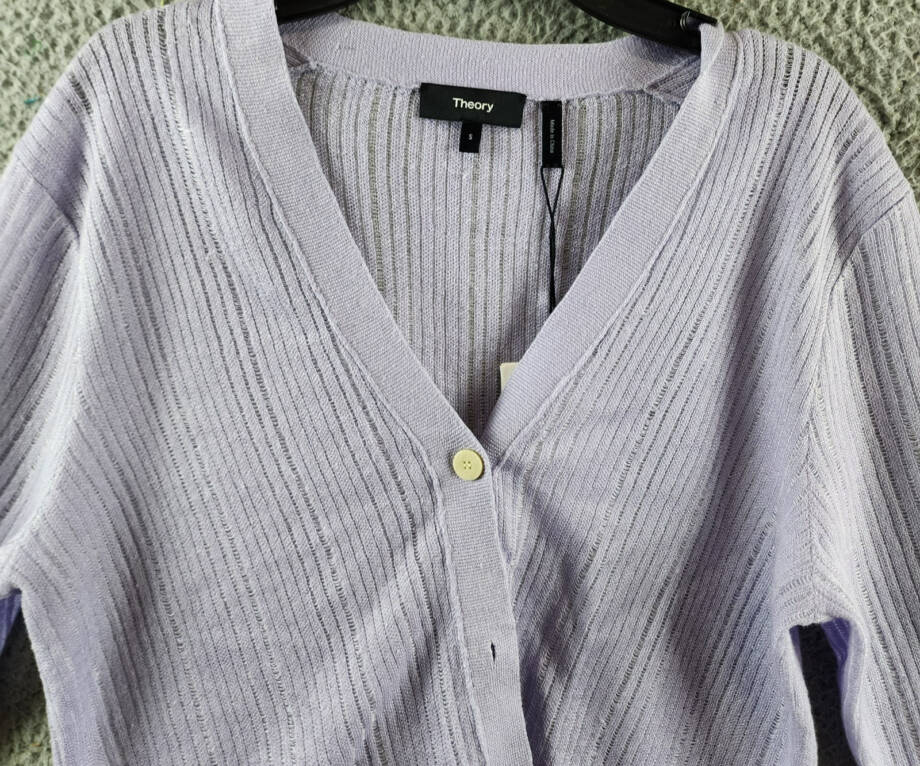 Theory Cropped Cardigan Women's S Soft Iris V-Neck Linen Blend Button Front L/S