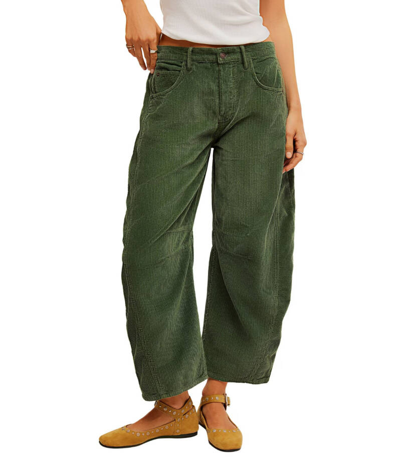 Free People Good Luck Corduroy Mid Rise Barrel Jeans Women's 24 Moss Button Zip