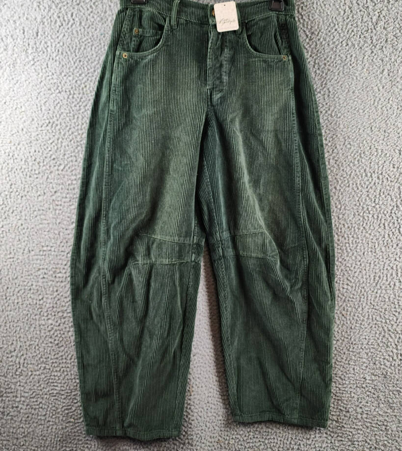 Free People Good Luck Corduroy Mid Rise Barrel Jeans Women's 24 Moss Button Zip