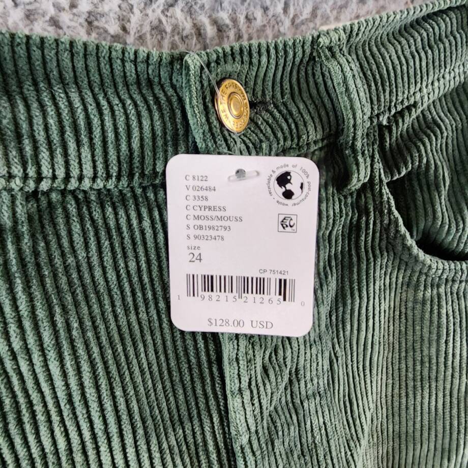 Free People Good Luck Corduroy Mid Rise Barrel Jeans Women's 24 Moss Button Zip
