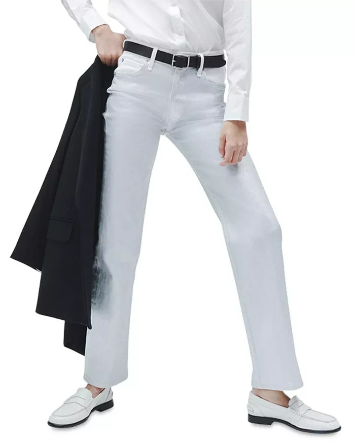 rag & bone Harlow High Rise Straight Jeans Women's 23 Coated Silver Button Zip