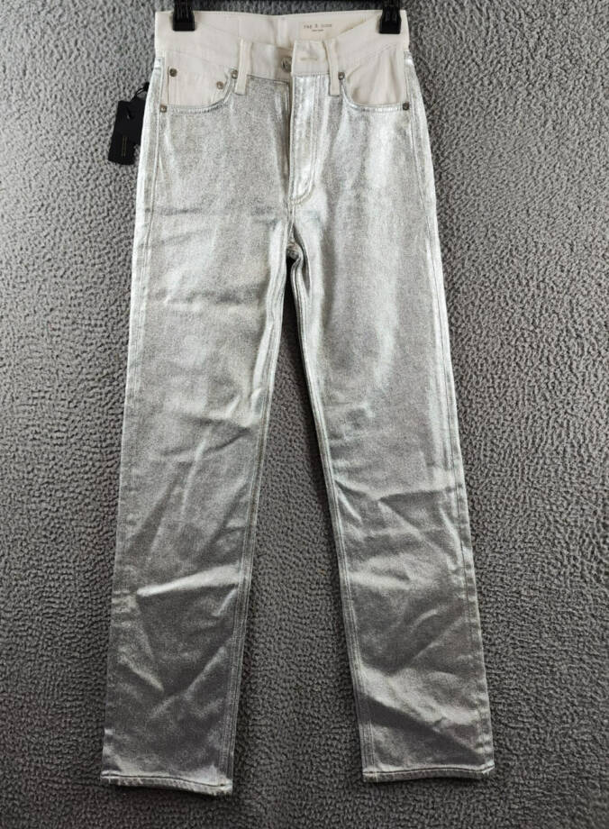 rag & bone Harlow High Rise Straight Jeans Women's 23 Coated Silver Button Zip