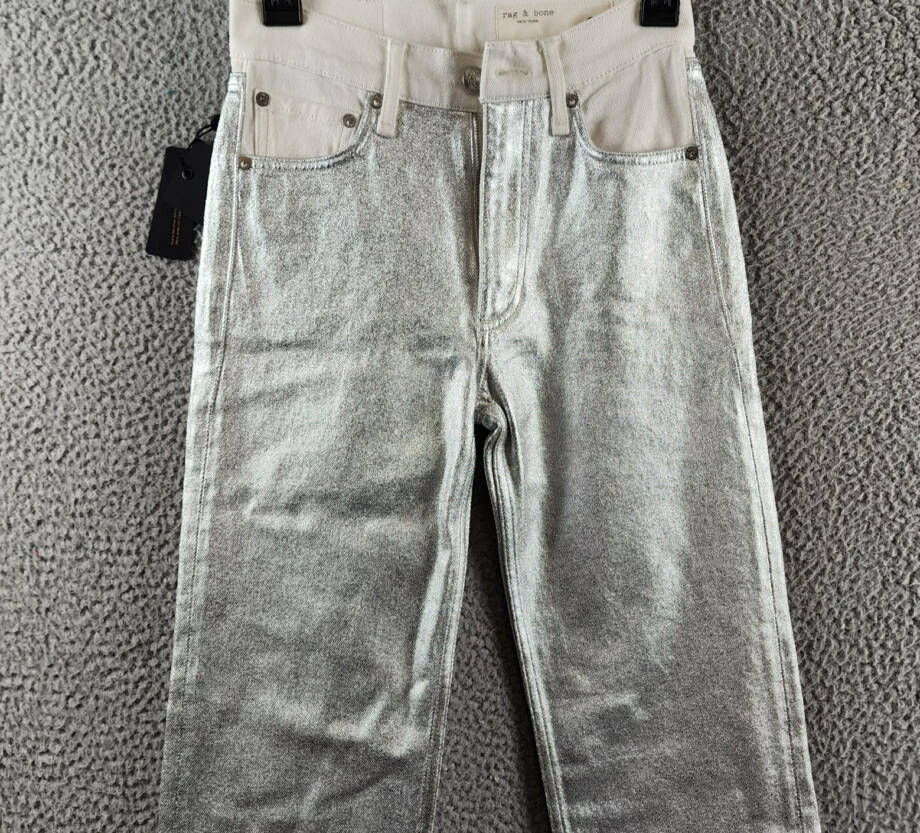 rag & bone Harlow High Rise Straight Jeans Women's 23 Coated Silver Button Zip