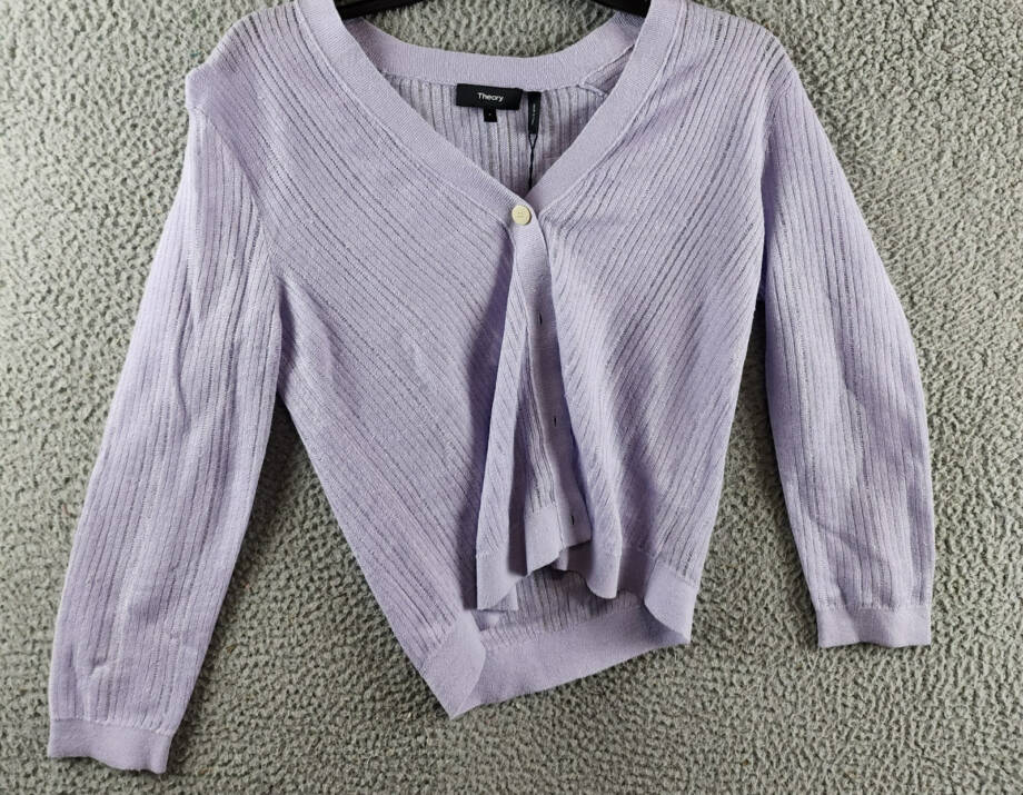 Theory Cropped Cardigan Women's P Soft Iris V-Neck Linen Blend Button Front L/S
