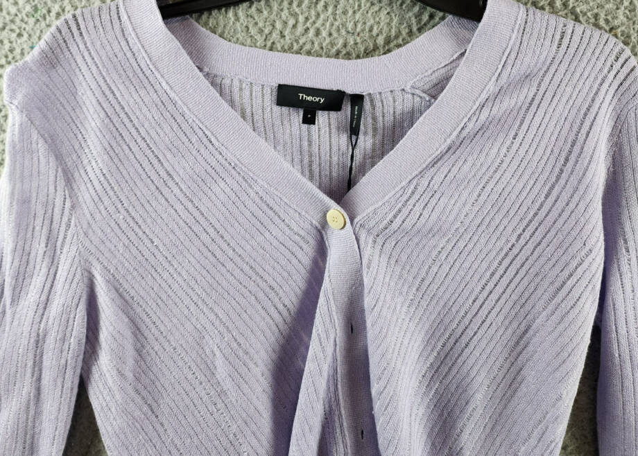 Theory Cropped Cardigan Women's P Soft Iris V-Neck Linen Blend Button Front L/S