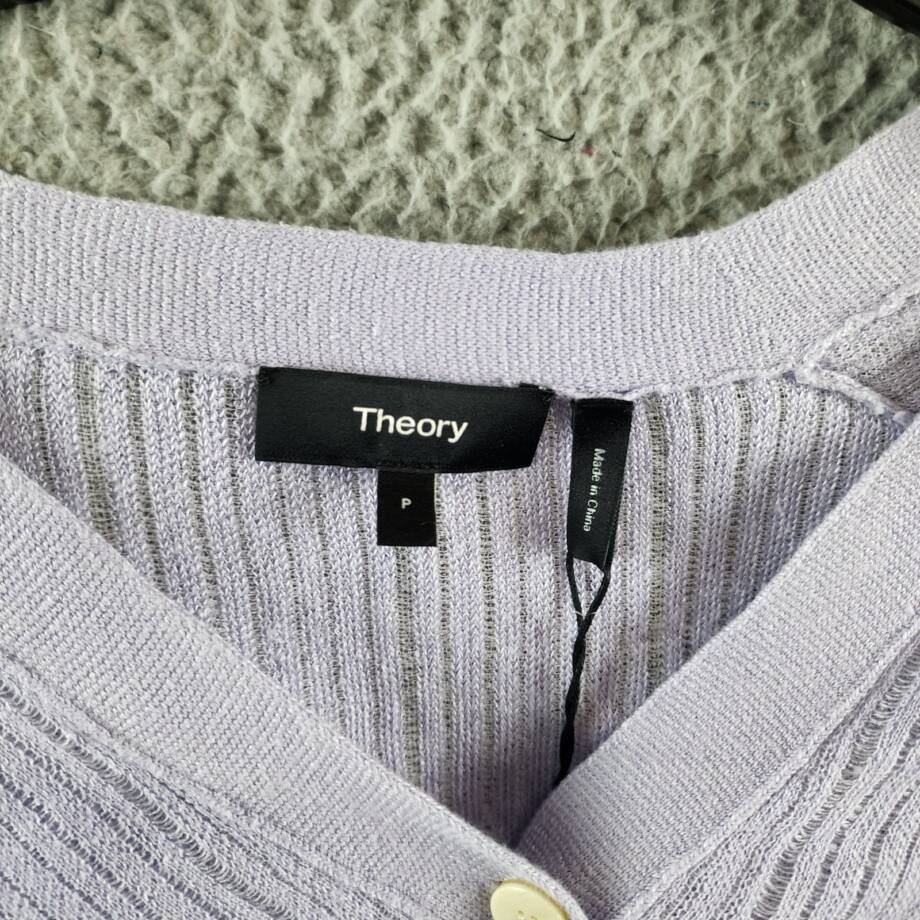 Theory Cropped Cardigan Women's P Soft Iris V-Neck Linen Blend Button Front L/S