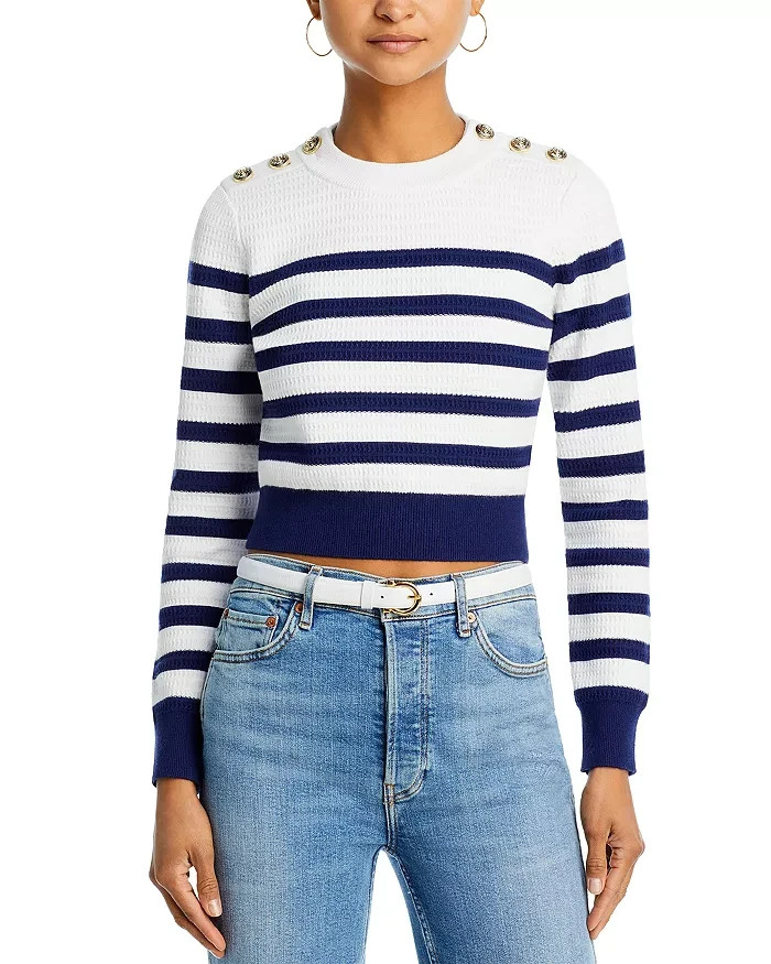 Generation Love Janice Cropped Sweater Women's S White/Navy Striped Long Sleeve