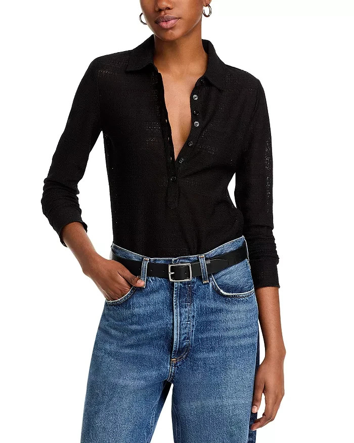 rag & bone Julia Polo Top Women's XS Black Textured Open Knit Collared Pullover