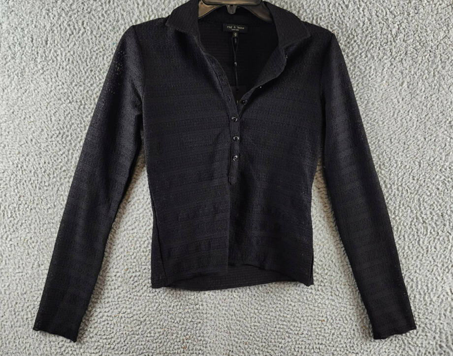 rag & bone Julia Polo Top Women's XS Black Textured Open Knit Collared Pullover