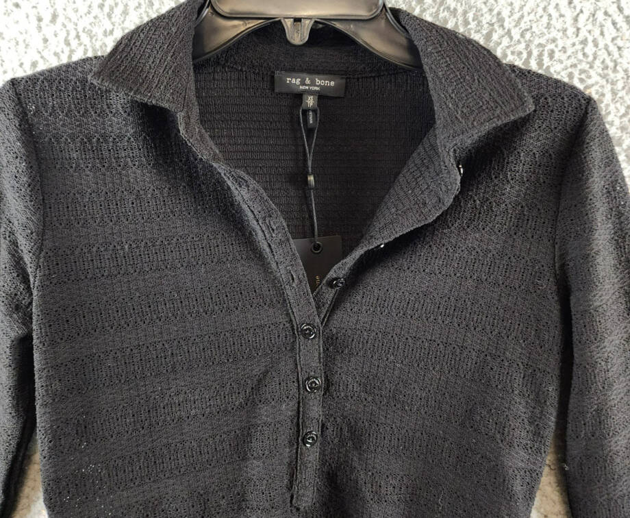 rag & bone Julia Polo Top Women's XS Black Textured Open Knit Collared Pullover
