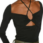 Frame Strappy Knit Top Women's XS Black Scoop Neck Nape Self-Tie Pullover L/S