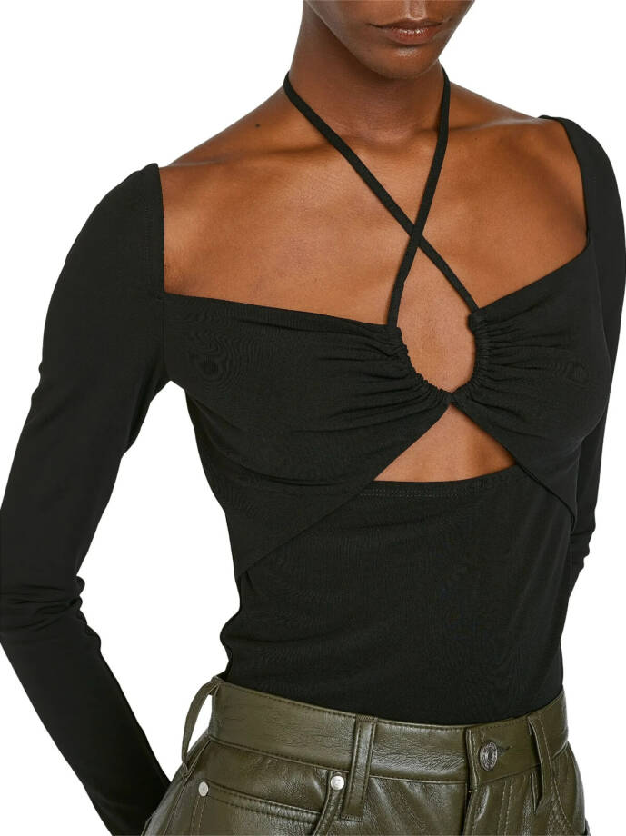 Frame Strappy Knit Top Women's XS Black Scoop Neck Nape Self-Tie Pullover L/S
