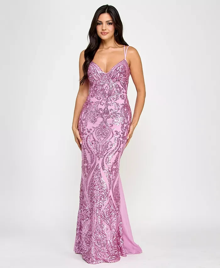 B Darlin Sequin-Pattern Floor-Sweeping Gown Juniors' 0 Dark Mauve Zip Closure