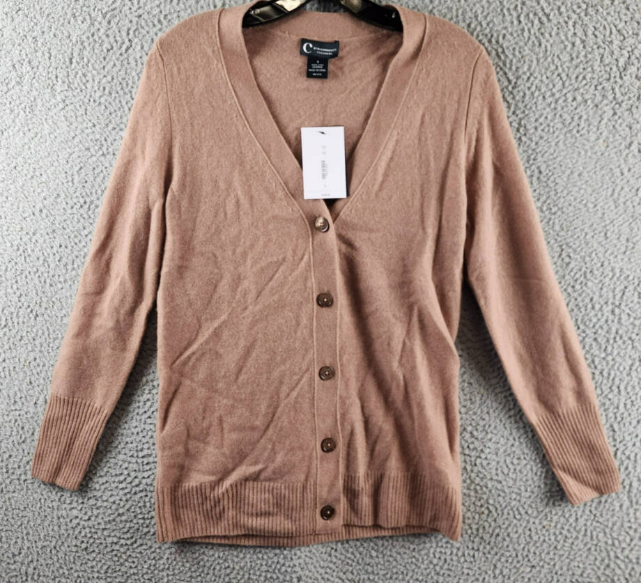 C by Bloomingdale's Cashmere Grandfather Cardigan Women's S Camel V-Neck L/S