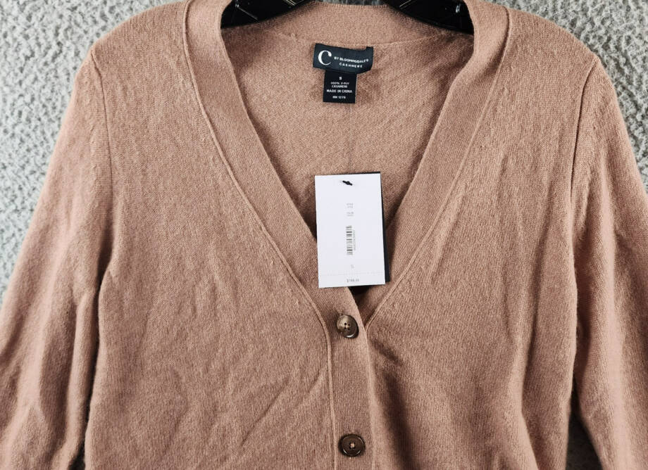 C by Bloomingdale's Cashmere Grandfather Cardigan Women's S Camel V-Neck L/S