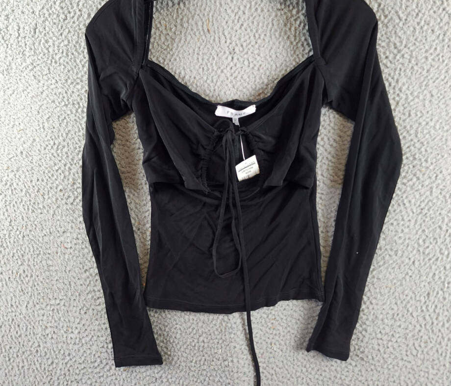 Frame Strappy Knit Top Women's XS Black Scoop Neck Nape Self-Tie Pullover L/S