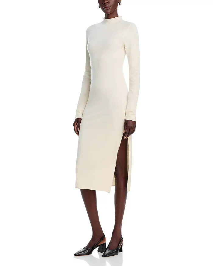 FRENCH CONNECTION Side Slit Sweater Dress Women's L Oatmeal Mock Neck Pullover