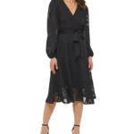 kensie V-Neck Chiffon Fit&Flare Dress Women's 2 Black Tie Waist Back Zip Closure