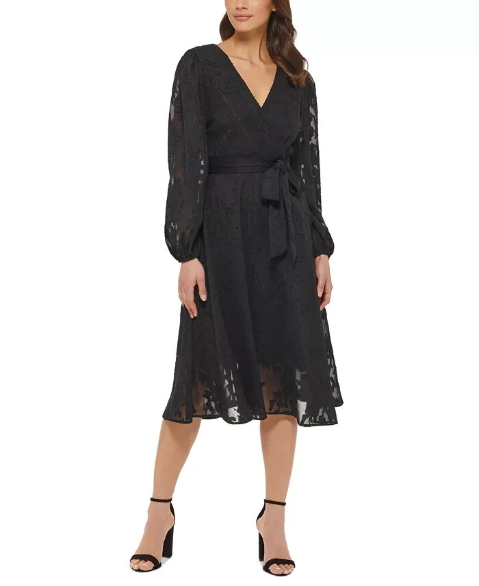 kensie V-Neck Chiffon Fit&Flare Dress Women's 2 Black Tie Waist Back Zip Closure