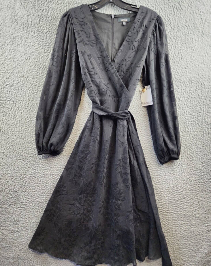 kensie V-Neck Chiffon Fit&Flare Dress Women's 2 Black Tie Waist Back Zip Closure