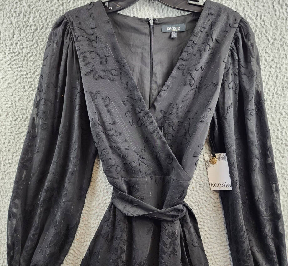 kensie V-Neck Chiffon Fit&Flare Dress Women's 2 Black Tie Waist Back Zip Closure