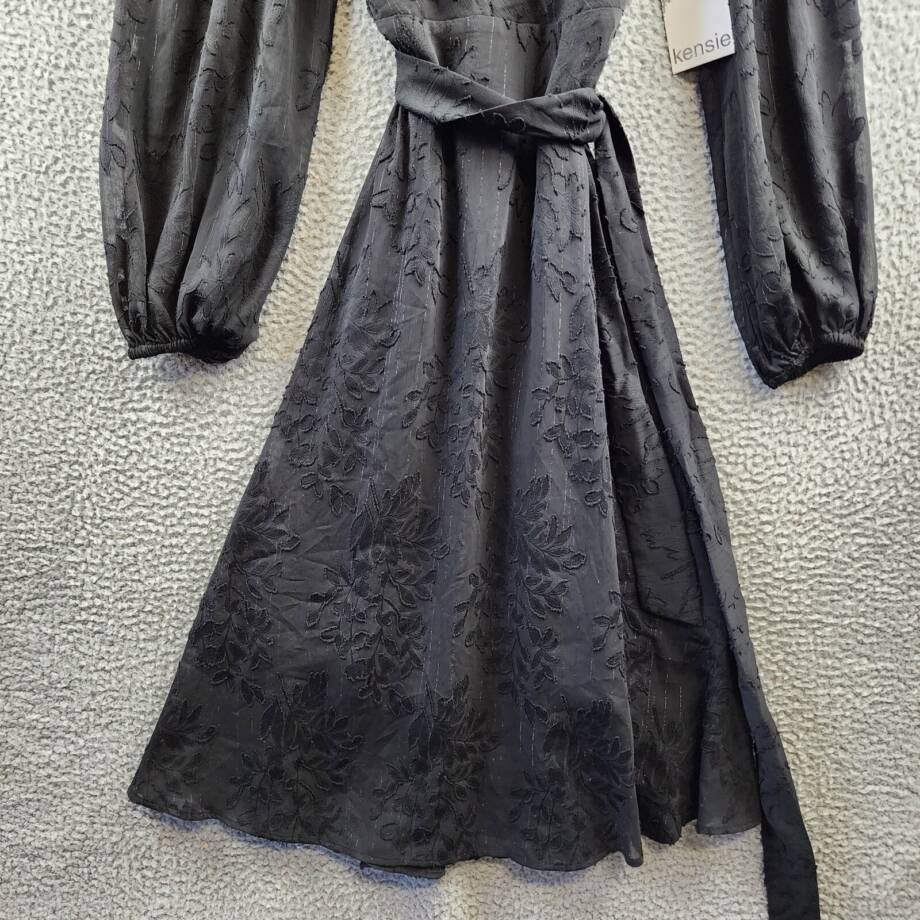 kensie V-Neck Chiffon Fit&Flare Dress Women's 2 Black Tie Waist Back Zip Closure