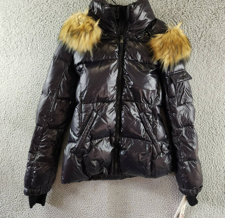 AQUA Gloss Allie Faux Fur Trim Down Puffer Jacket Women's M Black Zip Closure