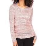 Karen Kane Side Shirred Sequin Top Womens M Pink Round Neck Long Sleeve Pullover