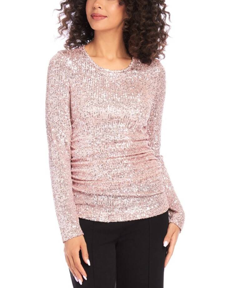 Karen Kane Side Shirred Sequin Top Womens M Pink Round Neck Long Sleeve Pullover