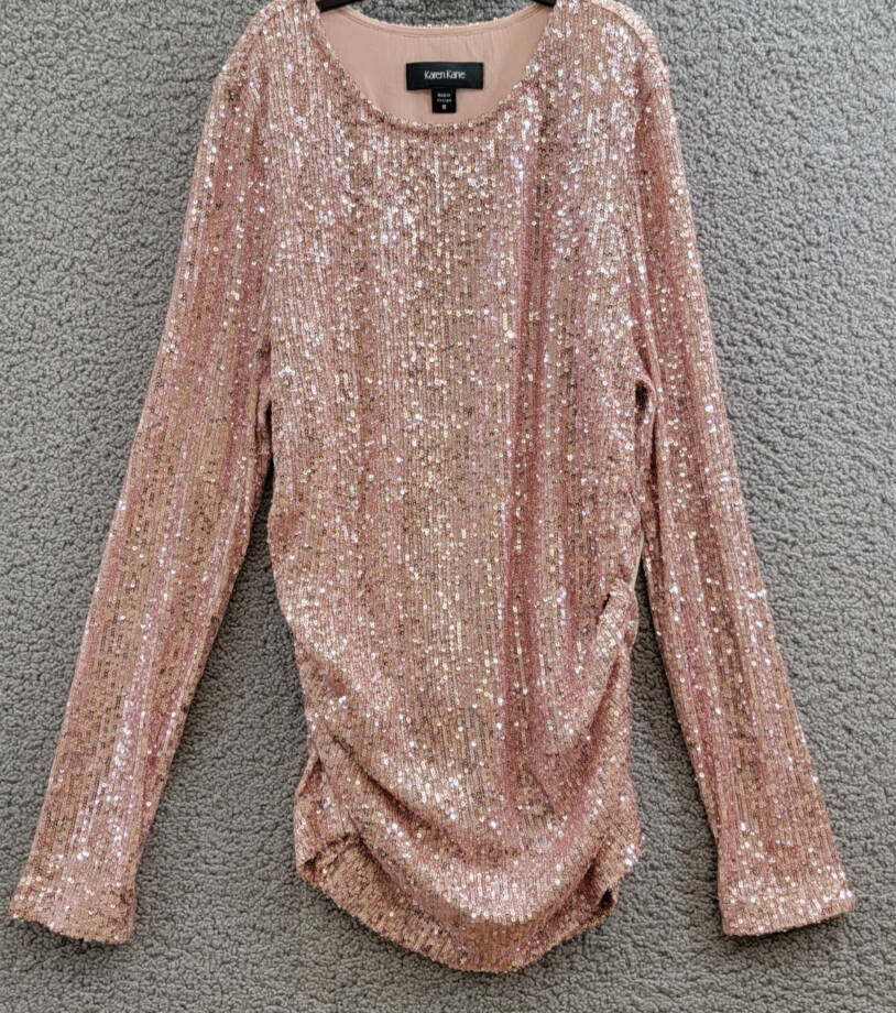 Karen Kane Side Shirred Sequin Top Womens M Pink Round Neck Long Sleeve Pullover