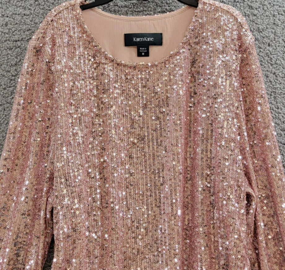 Karen Kane Side Shirred Sequin Top Womens M Pink Round Neck Long Sleeve Pullover