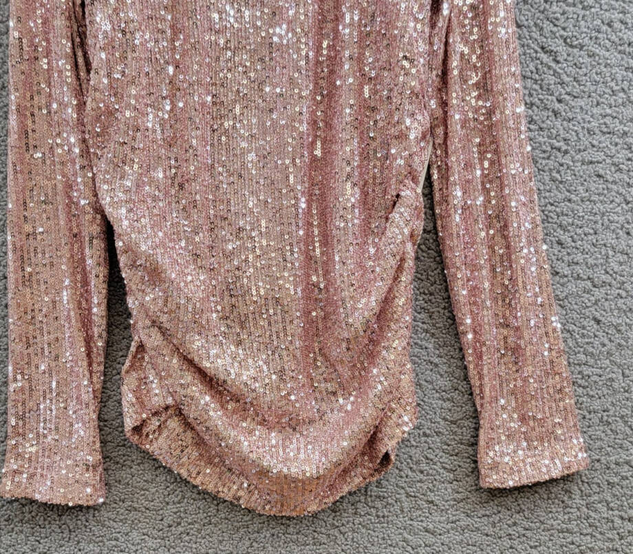 Karen Kane Side Shirred Sequin Top Womens M Pink Round Neck Long Sleeve Pullover