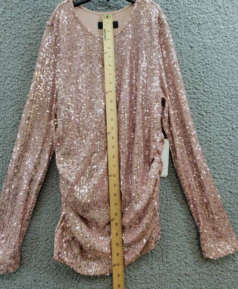Karen Kane Side Shirred Sequin Top Womens M Pink Round Neck Long Sleeve Pullover