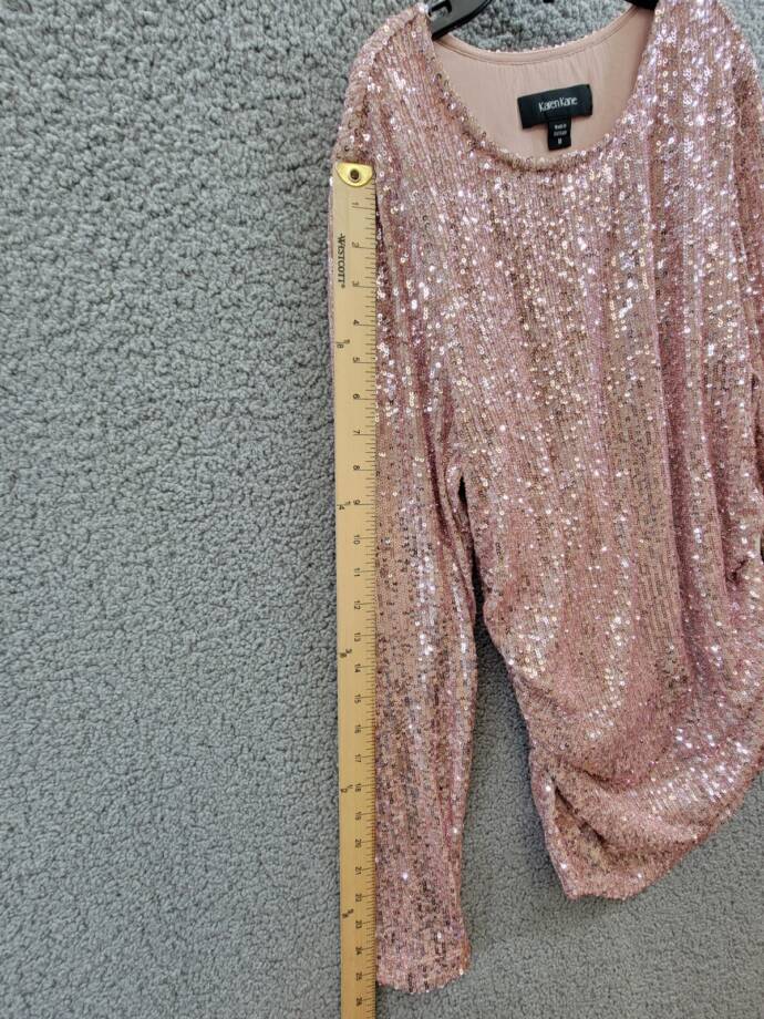 Karen Kane Side Shirred Sequin Top Womens M Pink Round Neck Long Sleeve Pullover