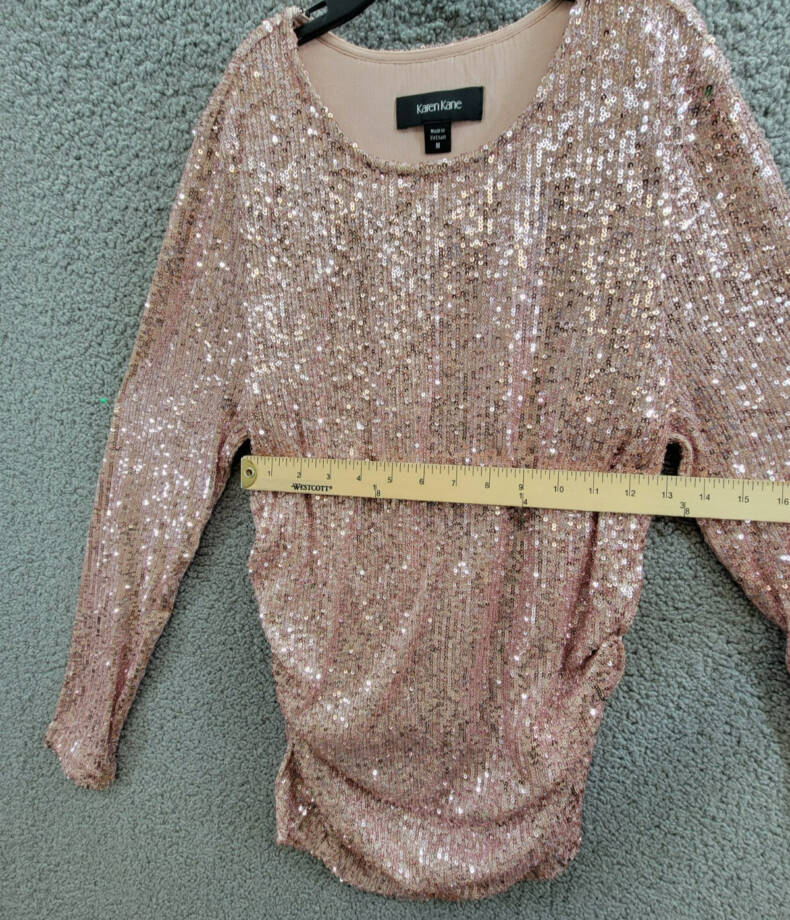 Karen Kane Side Shirred Sequin Top Womens M Pink Round Neck Long Sleeve Pullover