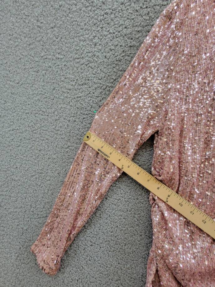 Karen Kane Side Shirred Sequin Top Womens M Pink Round Neck Long Sleeve Pullover