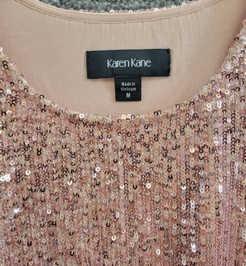 Karen Kane Side Shirred Sequin Top Womens M Pink Round Neck Long Sleeve Pullover