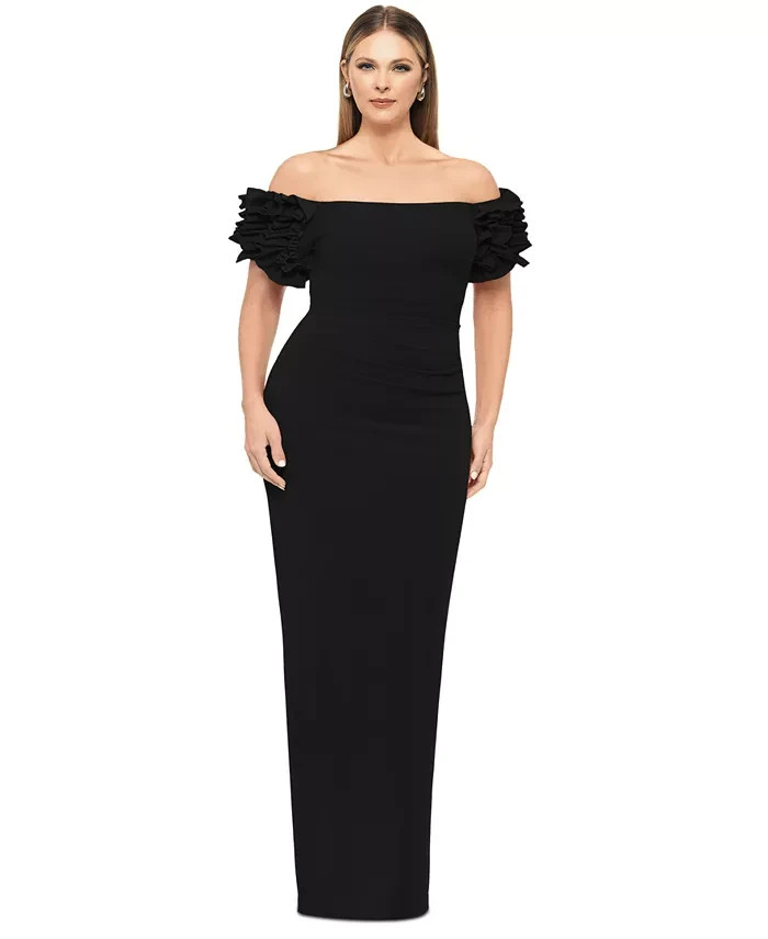XSCAPE Plus Size Off-The-Shoulder Ruffle Evening Gown Women's 18W Black Back Zip