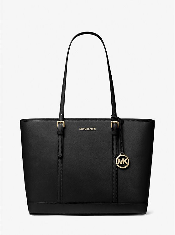 Michael Kors Jet Set Travel Saffiano Leather Tote Bag Womens L Black Zip Closure