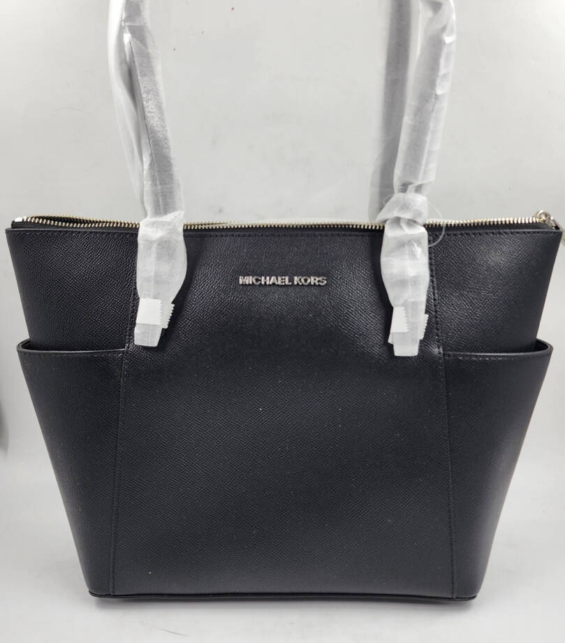 Michael Kors Jet Set Travel Saffiano Leather Tote Bag Womens L Black Zip Closure