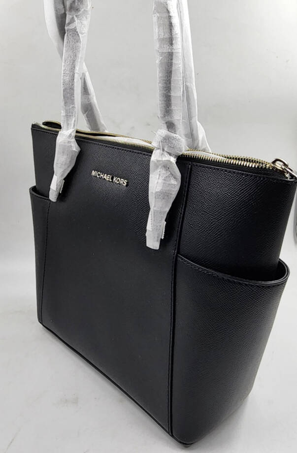 Michael Kors Jet Set Travel Saffiano Leather Tote Bag Womens L Black Zip Closure
