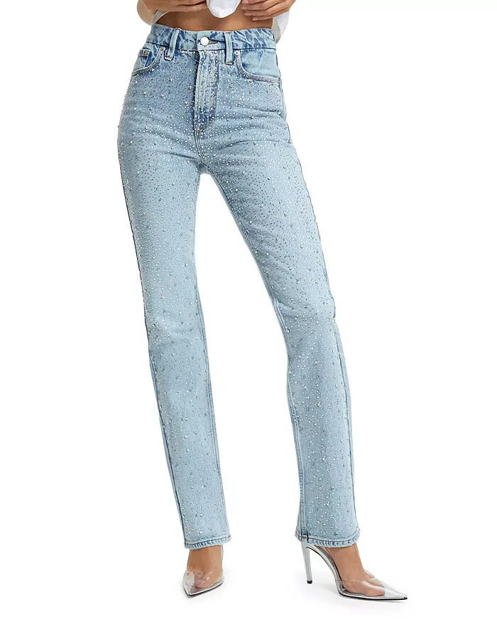 Good American Good Icon Embellished High Rise Straight Leg Jeans Women's 10/30