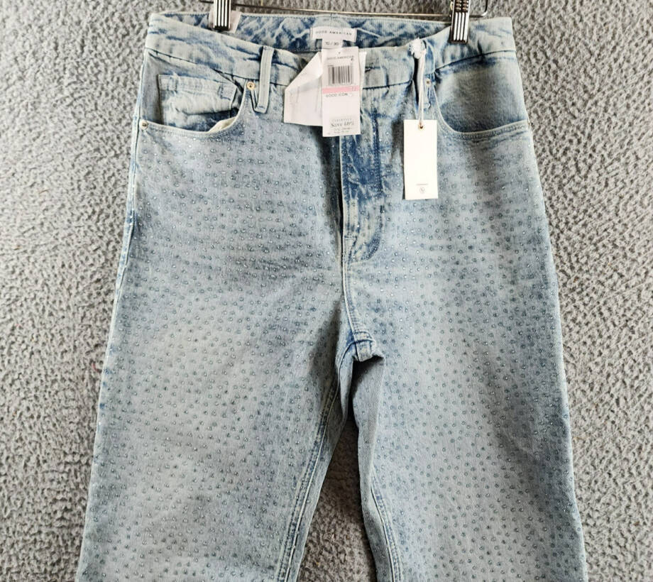 Good American Good Icon Embellished High Rise Straight Leg Jeans Women's 10/30