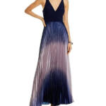 AQUA Pleated Shimmer Mixed Media Gown Women's 16 Navy/Blue V-Neck Back Zipped