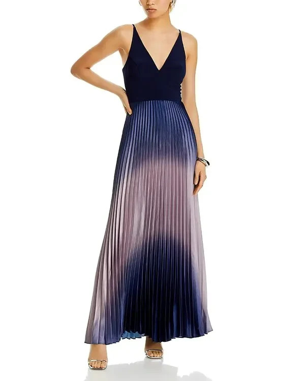 AQUA Pleated Shimmer Mixed Media Gown Women's 16 Navy/Blue V-Neck Back Zipped