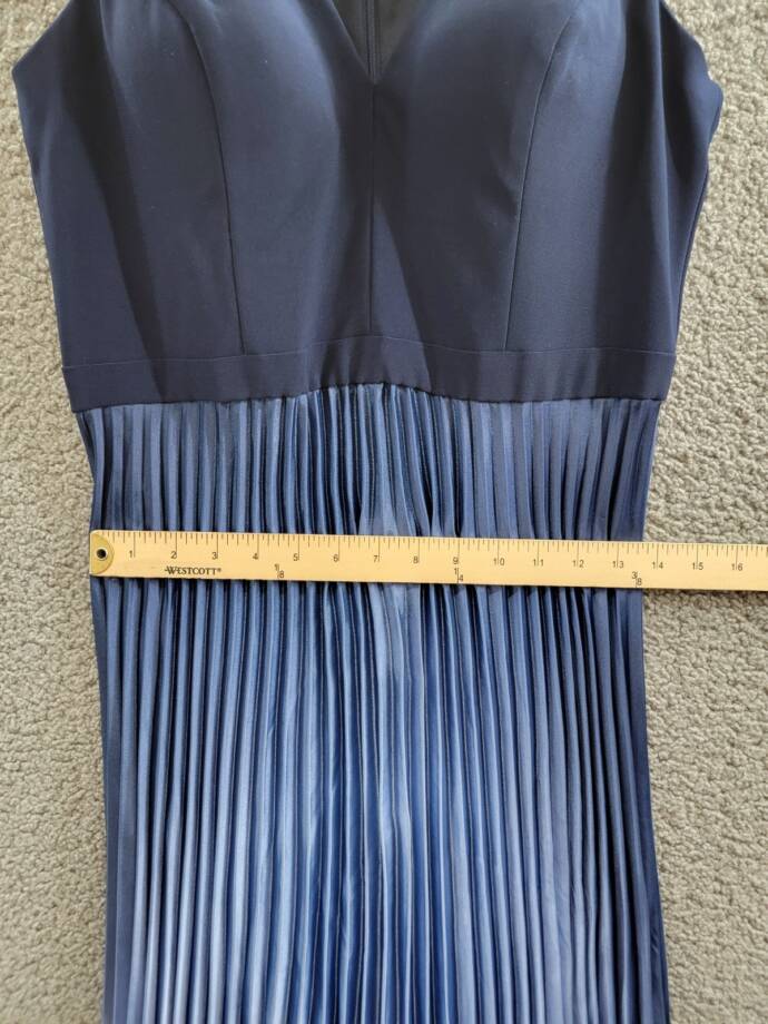 AQUA Pleated Shimmer Mixed Media Gown Women's 16 Navy/Blue V-Neck Back Zipped
