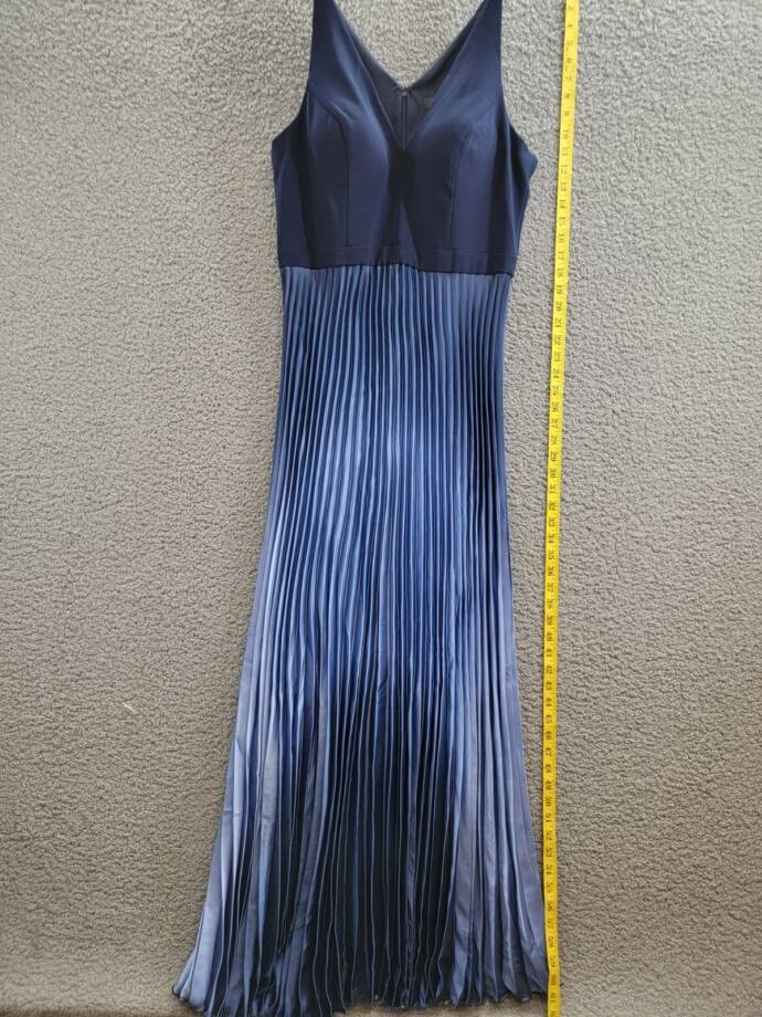 AQUA Pleated Shimmer Mixed Media Gown Women's 16 Navy/Blue V-Neck Back Zipped