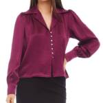 Karen Kane Shirred Blouse Womens XL Wine Solid Collared Long Sleeve Button Front
